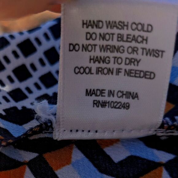 Silky Geometric Patchwork Blouse Crochet accents- Skies Are Blue, Size M - Picture 9 of 9